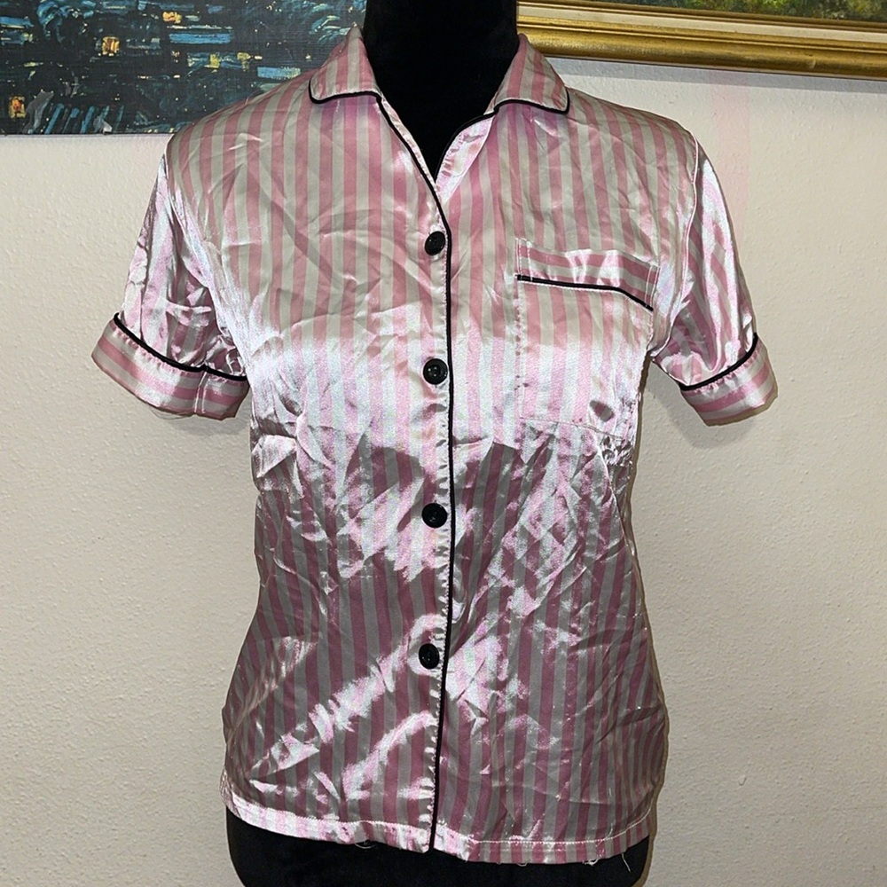 Victorias Secret aesthetic silky pink striped pajamas button up shirt